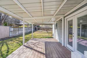 Wooden deck with a fenced backyard and a lawn