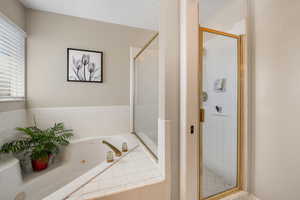 Bathroom featuring a stall shower and a whirlpool tub