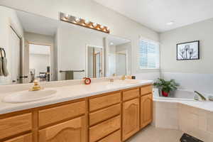 Full bathroom featuring a sink, a shower stall, a bath, and double vanity