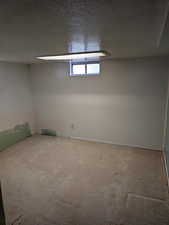 Basement with carpet and a textured ceiling