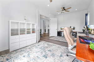 Office area with recessed lighting, ceiling fan, and wood finished floors