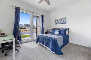 Bedroom with carpet floors, recessed lighting, ceiling fan, and baseboards
