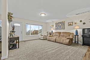 Living area with baseboards, a textured ceiling, visible vents, and carpet flooring