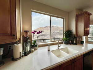 Kitchen Sink area with light countertops, brown cabinetry, a mountain view