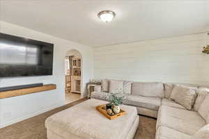 Carpeted living room featuring wood walls, baseboards, and arched walkways