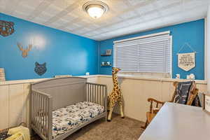 Carpeted bedroom with a wainscoted wall and wood walls