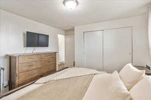 Bedroom featuring a closet, carpet flooring, and visible vents