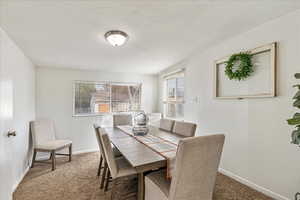 Carpeted dining space with baseboards