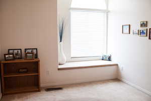 Unfurnished room featuring carpet, visible vents, and baseboards