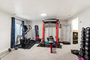 Exercise room with carpet floors, visible vents, and baseboards