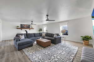 Living room featuring ceiling fan, baseboards, and wood finished floors
