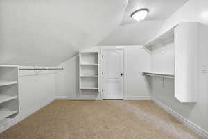 Primary Bedroom Spacious closet featuring lofted ceiling and carpet floors