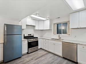 Kitchen featuring visible vents, appliances with stainless steel finishes, white cabinets, and a sink