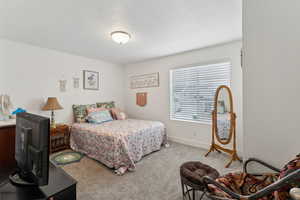 Carpeted bedroom with a textured ceiling and baseboards