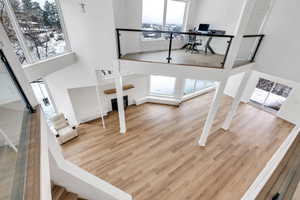 Interior space featuring a wealth of natural light, a high ceiling, and wood finished floors