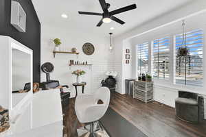 Office space featuring visible vents, wood finished floors, a ceiling fan, and recessed lighting