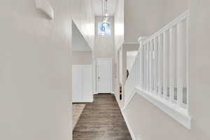 Entrance foyer featuring dark wood-style floors, a high ceiling, and stairs