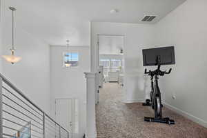 Workout room with carpet, visible vents, and baseboards