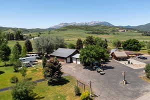 Aerial view of sparsely populated area with mountains