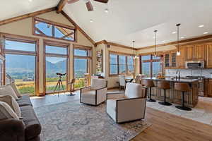 Living area featuring light wood-type flooring, plenty of natural light, a mountain view, and beam ceiling