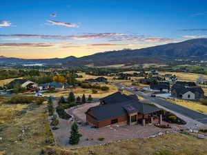 Aerial view at dusk with a mountain view