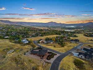 Aerial view at dusk with a mountain view