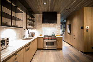 Kitchen featuring wall chimney exhaust hood, designer stove, light wood-style flooring, open shelves, and a sink