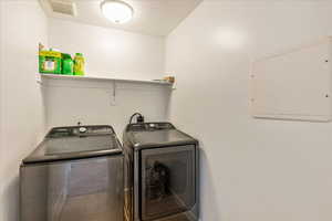 Washroom with laundry area, electric panel, visible vents, and separate washer and dryer