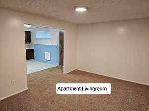 Empty room with carpet flooring, a textured ceiling, and baseboards