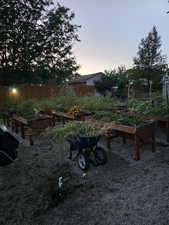 View of yard with fence and a vegetable garden