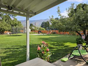 View of yard featuring a trampoline, a playground, a mountain view, and a fenced backyard