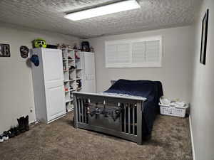 Carpeted bedroom with a textured ceiling