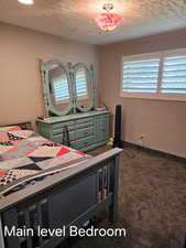 Bedroom featuring carpet and a textured ceiling