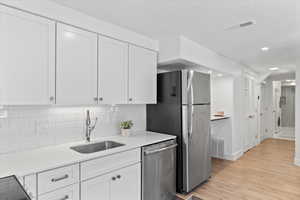 Kitchen with stainless steel appliances, visible vents, a sink, and white cabinetry