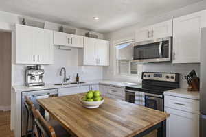 Kitchen with appliances with stainless steel finishes, white cabinetry, a sink, and wooden counters