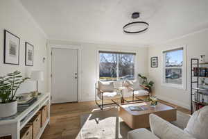 Living area featuring ornamental molding, baseboards, and wood finished floors