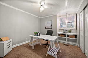 Office area featuring carpet floors, crown molding, visible vents, a ceiling fan, and baseboards