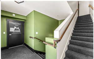 Stairs featuring carpet floors and baseboards