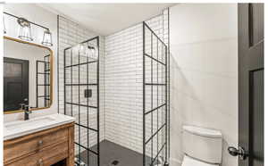 Bathroom with toilet, a stall shower, and vanity