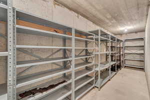 View of storage room with shelves