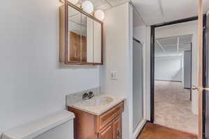 Bathroom with a stall shower, a paneled ceiling, and vanity