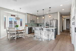 Kitchen with appliances with stainless steel finishes, light countertops, gray cabinetry, a kitchen bar, and backsplash