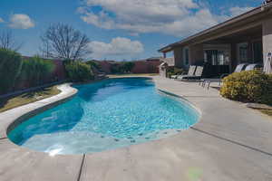 View of swimming pool featuring a fenced backyard, a fenced in pool, and a patio