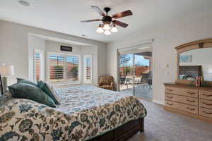 Carpeted bedroom featuring a textured ceiling, visible vents, baseboards, a ceiling fan, and access to outside