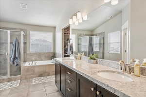 Bathroom with a sink, visible vents, and a shower stall