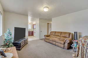 Living area featuring a textured ceiling and light colored carpet