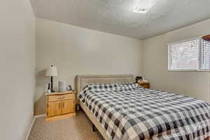 Bedroom with a textured ceiling, baseboards, and light colored carpet