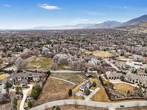 Aerial perspective of suburban area with mountains