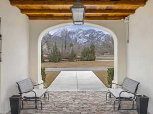 View of patio / terrace with a mountain view