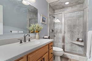 Bathroom featuring toilet, a stall shower, wood finished floors, and vanity